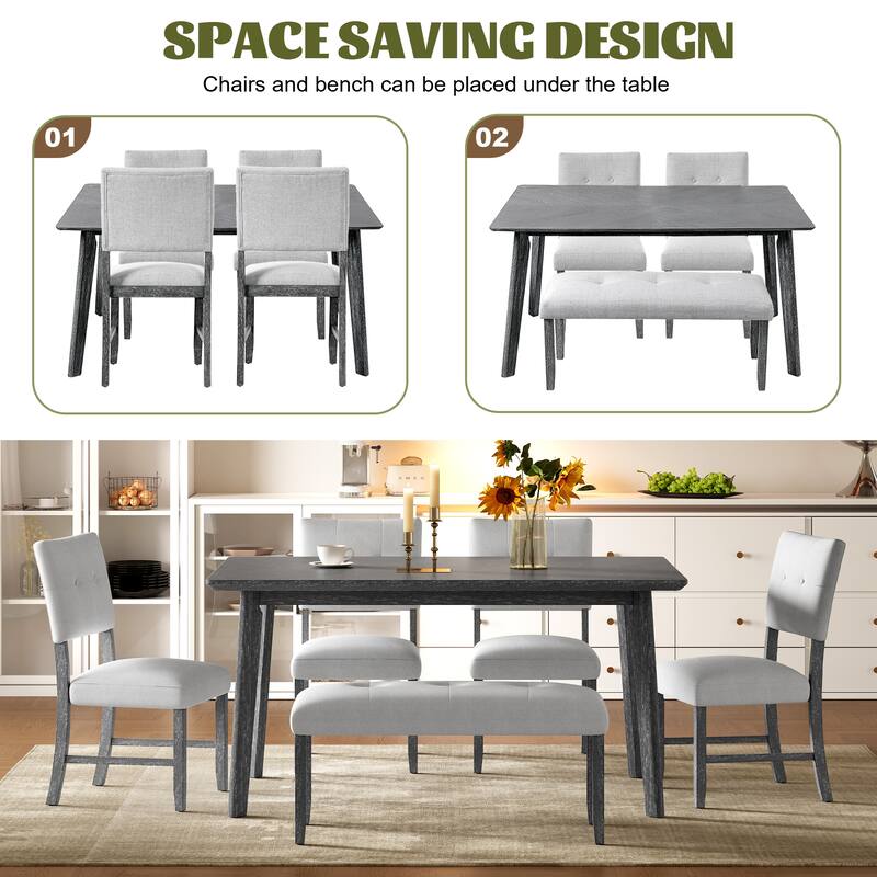 6 Piece Dining Room Table Set, Rustic Farmhouse Dining Room Rectangular Table with 4 Upholstered Chairs and Bench, Solid