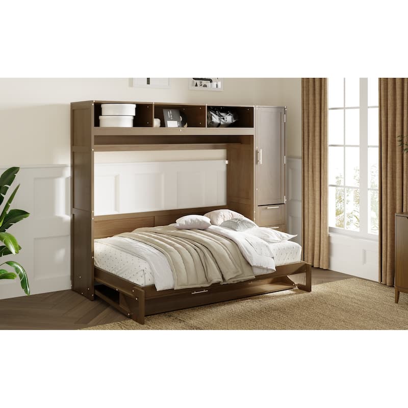 Antique Wood Full Size Murphy Bed with Wardrobe, Drawers, and Shelves