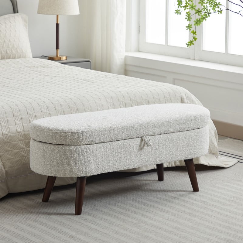 44" Beige Boucle Storage Ottoman Bench for Living Room Bedroom,Oval Storage Bench Ottoman Foot Rest Wood Legs - 44" - Off White