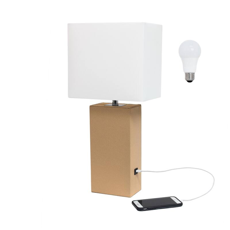 Modern Leather Table Lamp with USB and White Fabric Shade