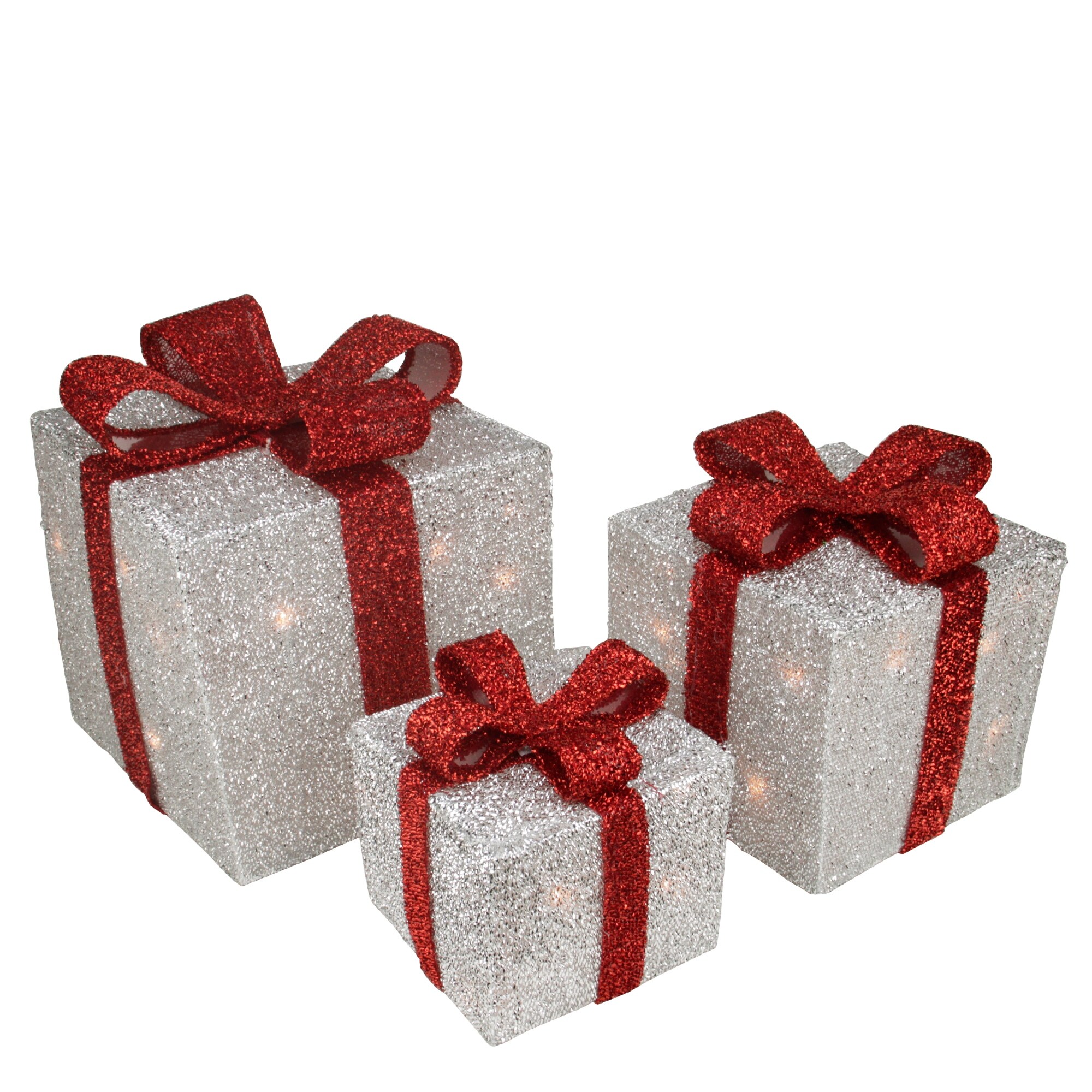 Shop Set Of 3 Silver Tinsel Lighted Gift Boxes With Red Bows
