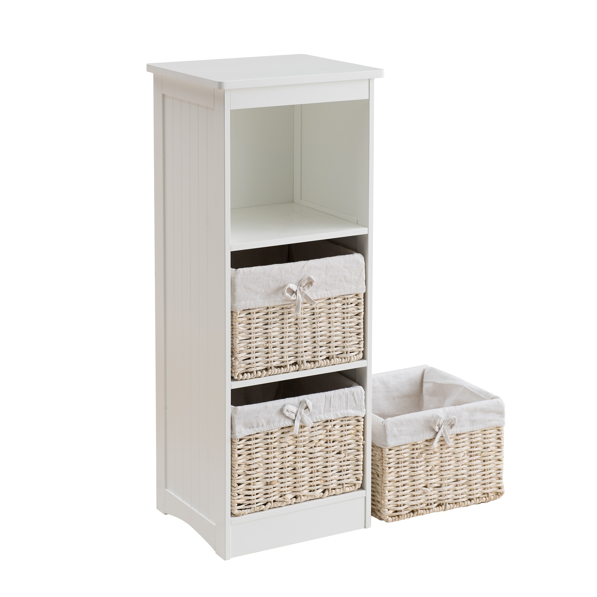 white wicker storage baskets shelves