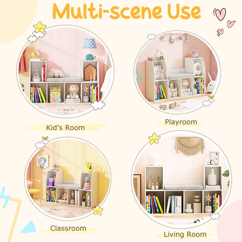 Gymax 40''Kids Bookshelf w/Reading Nook 6 Storage Cubbies & Seat