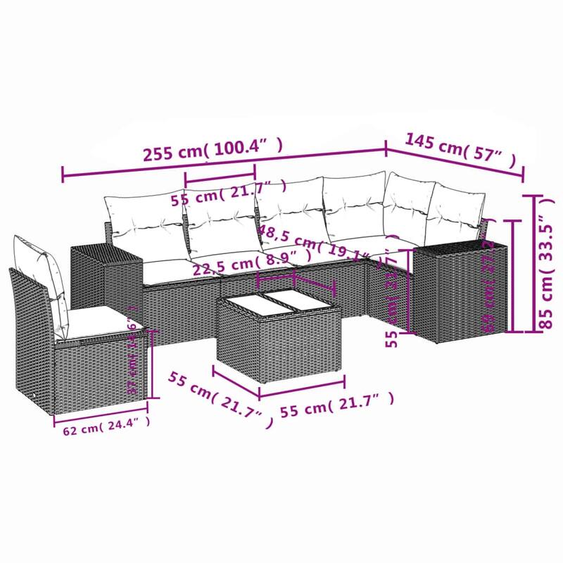 vidaXL 6/7 Piece Patio Sofa Set with Cushions Black/Brown/Gray Poly Rattan - 24.4 x 24.4 x 27.2