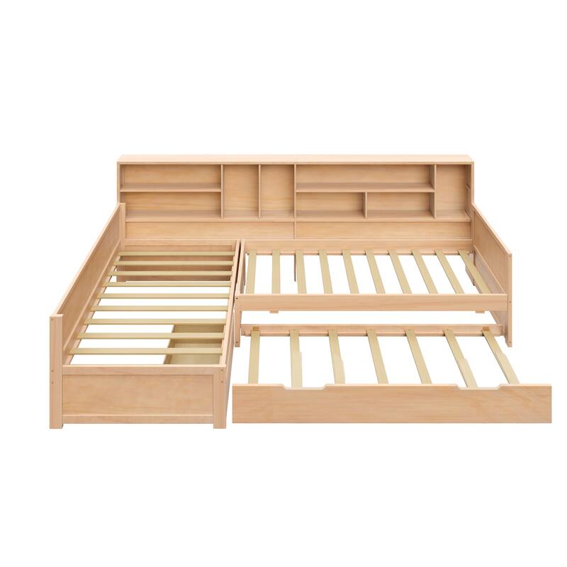 3-in-1 Bookcases Daybed L Shape Corner Sofa Bed Frame Wood Captains Bed with Underbed Trundle and Storage Drawer, Space-Saving