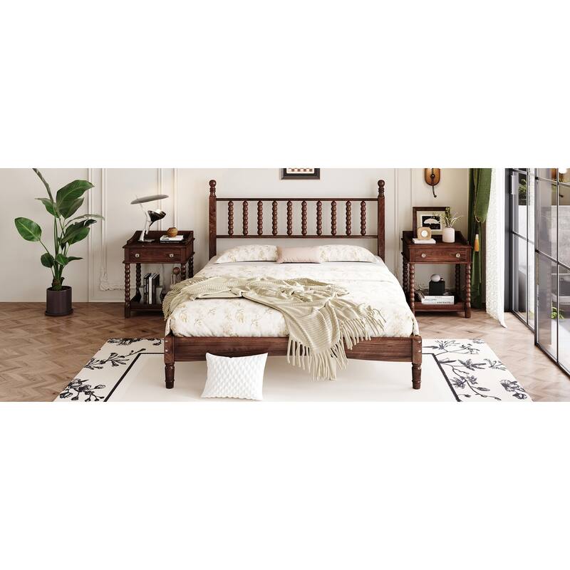 Queen Size Wood Platform Bed with Gourd Shaped Headboard, Retro Style, No Box Spring Needed, Sturdy Wooden Slats for Bedroom