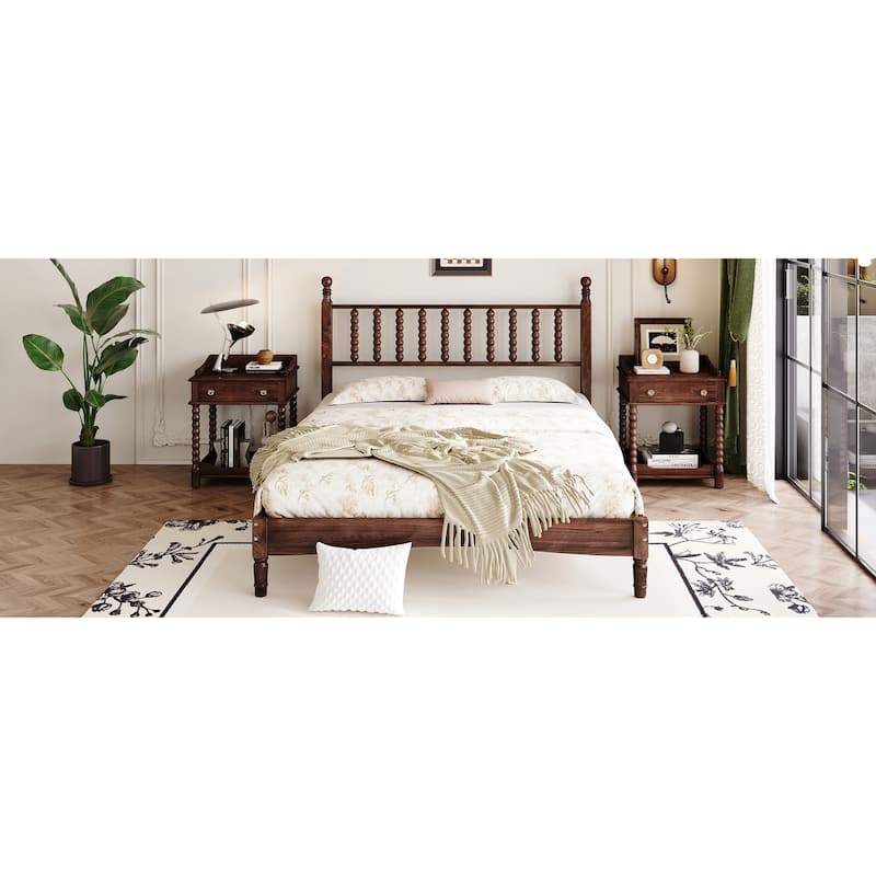 Wood Platform Bed Frame with Gourd Shaped Headboard, Retro Style Low Profile Bed with Wooden Slat Support, No Box Spring Needed