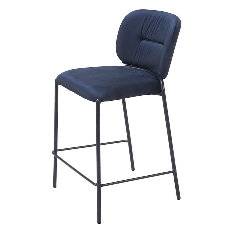 HomeRoots Set of Two 25" Blue and Black Velvet and Steel Counter Height Bar Chairs