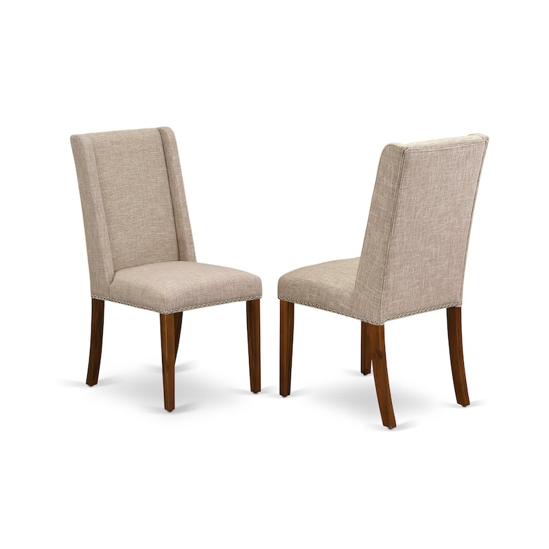 East West Furniture 3 Piece Dining Room Furniture Set- A Round Kitchen Table and 2 Linen Fabric Dining Chairs, (Finish Options)