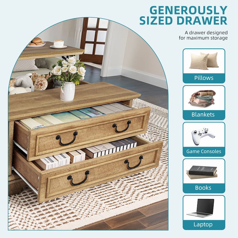Moasis Lift Top Coffee Table Farmhouse Wood Central Table for Living Room with 2 Drawers and Hidden Storage Compartment