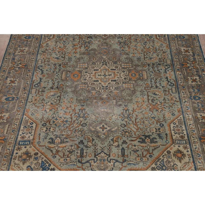 Green Geometric Tabriz Persian Area Rug Hand-Knotted Wool Carpet - 6'6"x 9'7"