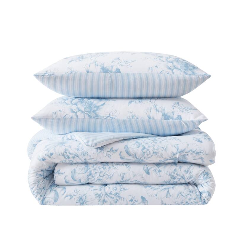 Laura Ashley Delphine Floral Reversible with Stripe Reverse Comforter Set with Sheets (Blue)