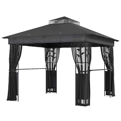 Dark Gray Deck Gazebo with Powder-Coated Metal Frame PA-Coated Polyester Roof Mesh Netting Double Roof