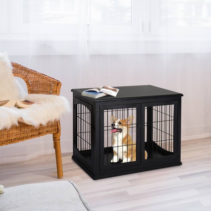 PawHut Dog Crate Furniture, Small Dog Cage End Table with Two Opening Sides, Lockable Door, Puppy Kennel Indoor - Black
