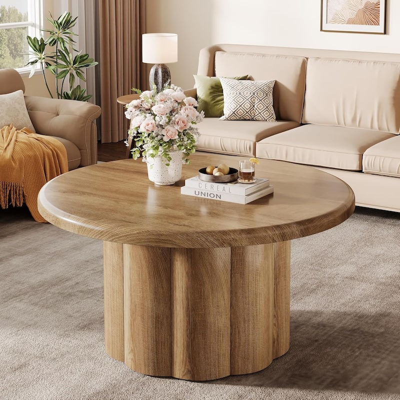31.5 Inches Round Coffee Table for Living Room for Apartment Small Space - Brown