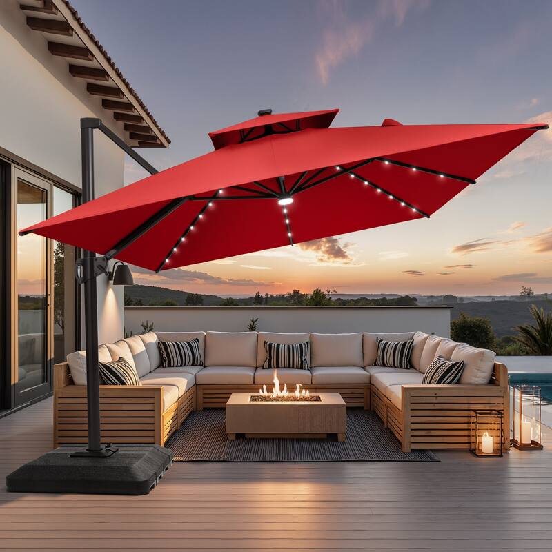 9 X 11 FT Outdoor Patio Cantilever Umbrella with Solar Lights 4-Piece Premium Base Double Canopy 360 Rotation Tilt - Red