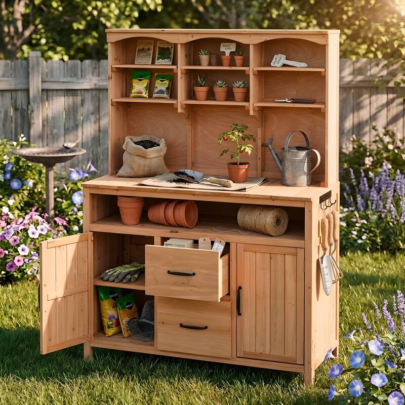 Roomfitters Outdoor Garden Potting Bench with Storage Hutch, Potting Table with Drawers and Cabinets, Shelves