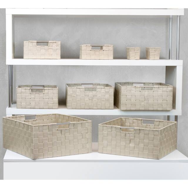 Storage Box Woven Basket Bin Container Tote Cube Organizer Set Stackable Shelf Organizer Built-in Carry Handles (9-Piece) - Beige