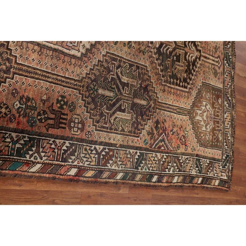 Tribal Geometric Qashqai Persian Antique Rug Hand-Knotted Wool Carpet - 5'0" x 7'11"