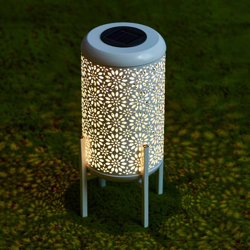 Glitzhome 14"H Outdoor Metal Cutout Flower/Leaves Solar Light Standing Lanterns Waterproof
