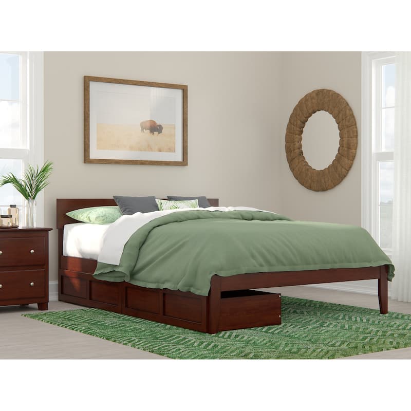 Boston Modern Contemporary Bed with 2 Extra Long Drawers - Walnut - Queen