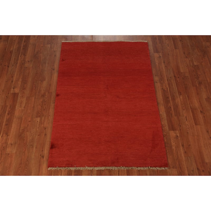 Gabbeh Modern Rug Hand-Knotted Red Solid Wool Carpet - 3'4" x 5'0"