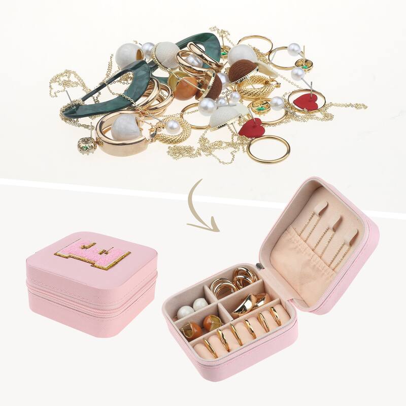 Travel Jewelry Box for Women Girls Birthday Gift, Mini PU Leather Jewelry Organizer Case Storage - Pink - E