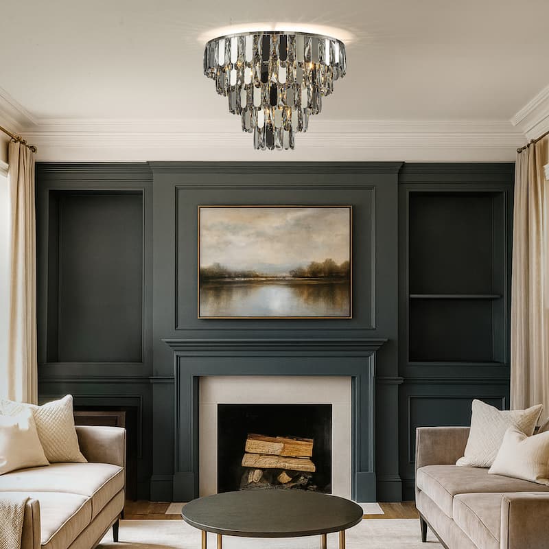 Dimmable Smoked Crystal Flush Mount Ceiling Light Round with Polished Nickel Finish and Stainless Steel Accents for Dining Room