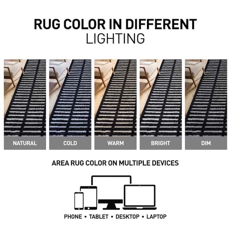 Bohemian Stripe Lines Shag Rug - Textured Surface - Anthracite Dark Gray - Easy to Clean