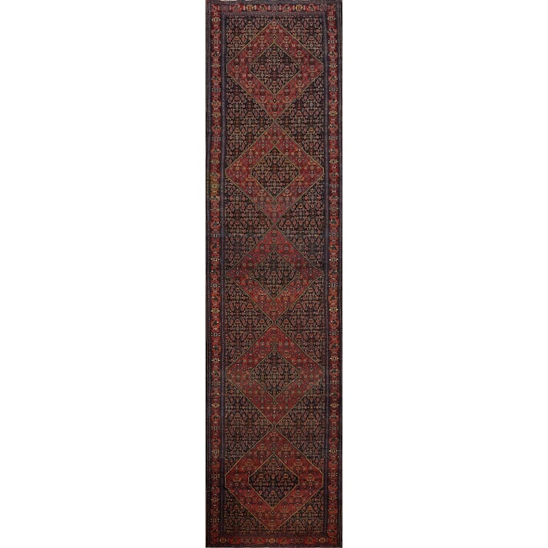 Hand Knotted Oriental 100% Wool Carpet Traditional Geometric Navy Blue & Blues Bibikabad Runner Rug - 18' 10'' X 3' 9''