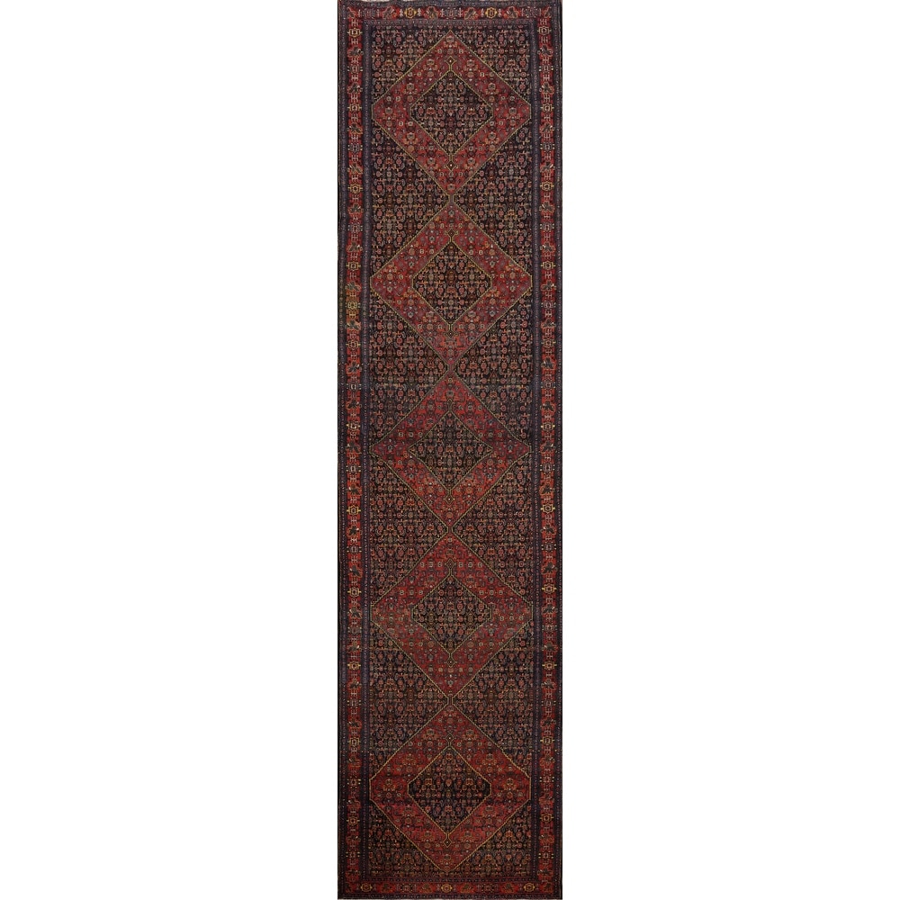 Hand Knotted Oriental 100% Wool Carpet Traditional Geometric Navy Blue & Blues Bibikabad Runner Rug - 18' 10'' X 3' 9''