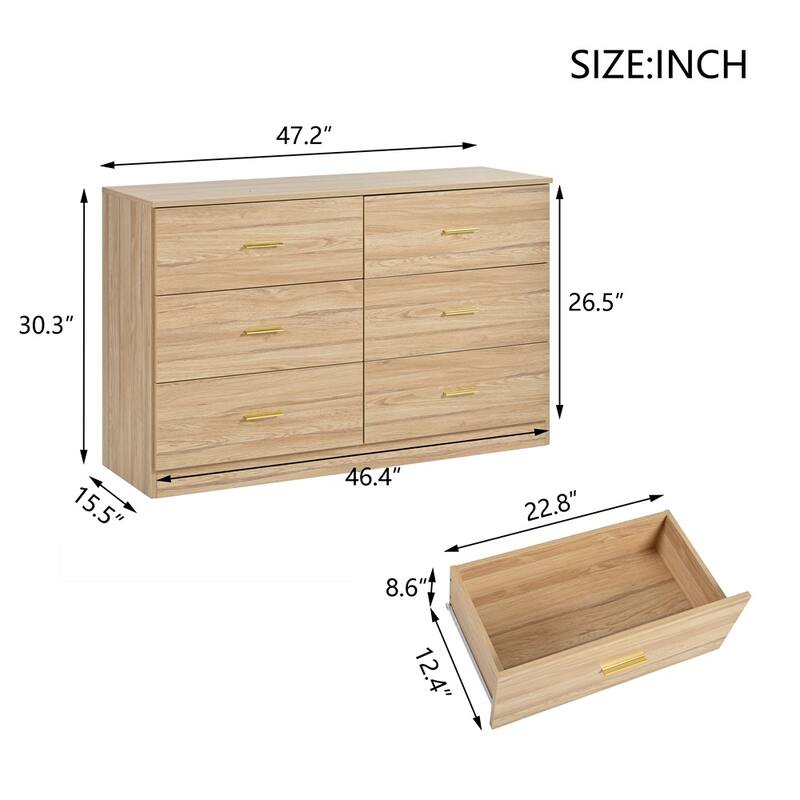 6-Drawer Dresser Modern Wide Wood Chest of Drawers for Bedroom