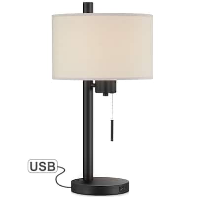 23-in Black Modern Table Lamp with USB Port and White Linen Shade - 23"H