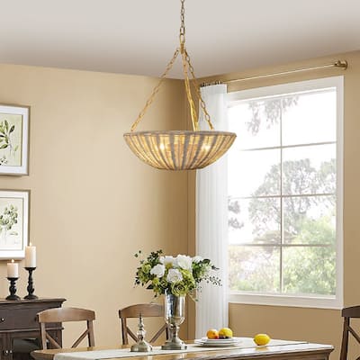 Beige Rattan 3-Light Coastal Woven Wicker Convertible Chandelier Light - 19.68" fixture width x 23.42" fixture height