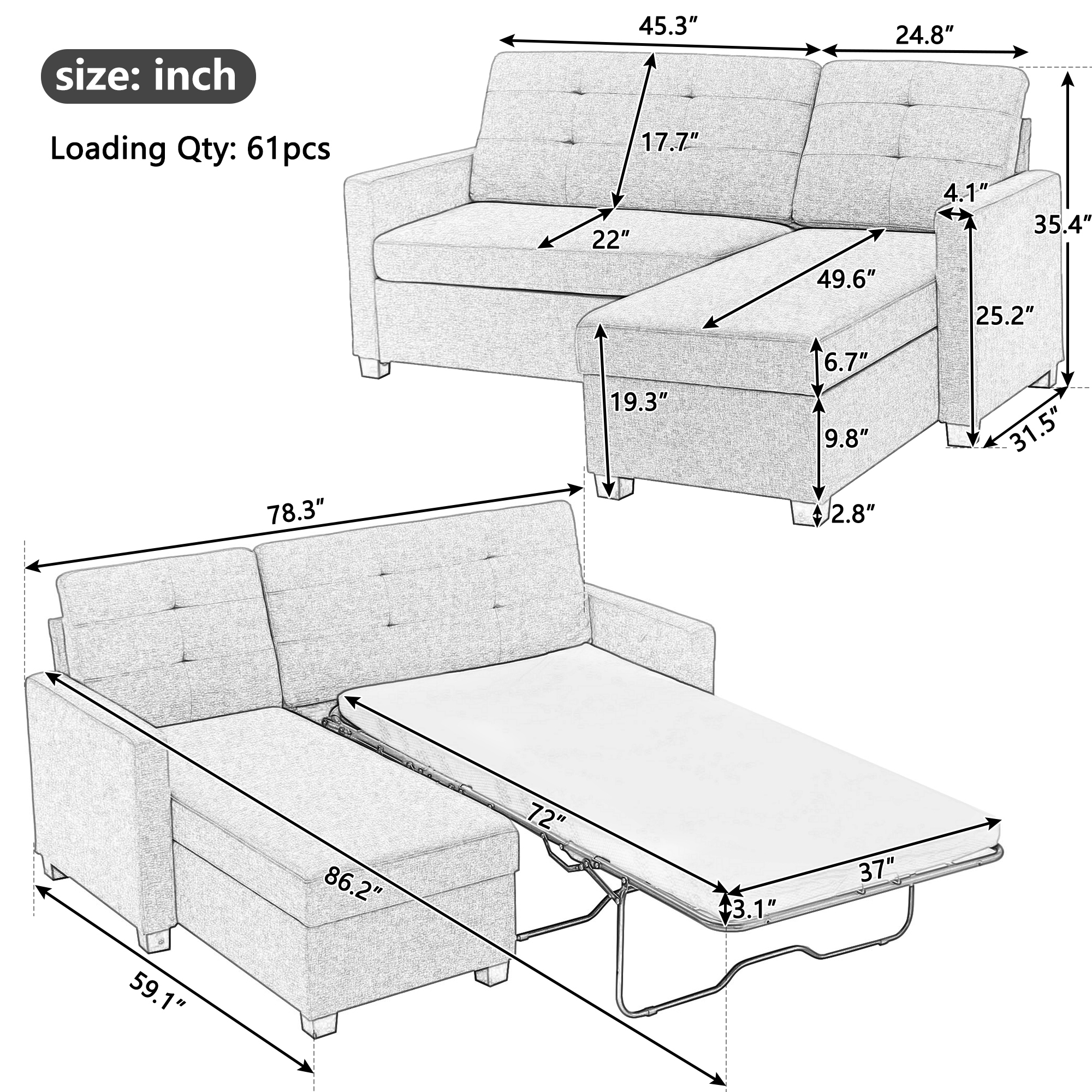 Fold out deals couch dimensions