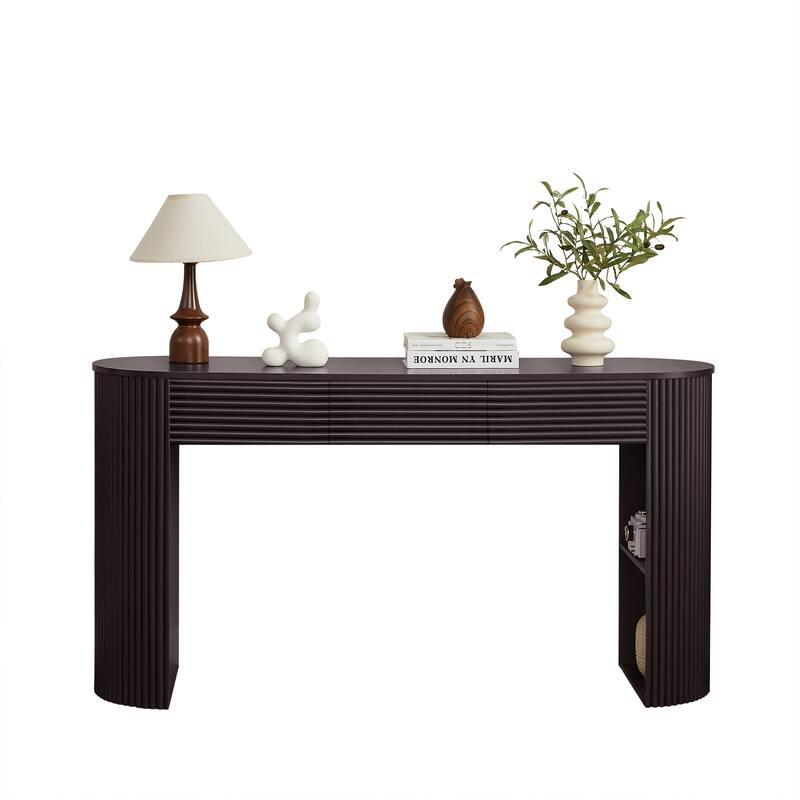 Retro Console Table with Storage, 3 Drawers, 1 Table-Leg Niche, Round Slat Aesthetic, Entryway, Living Room & Hallway