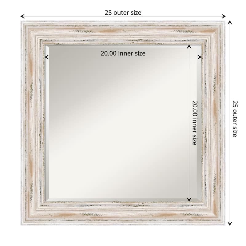 Beveled Wood Bathroom Wall Mirror - Alexandria White Wash Frame - Outer Size: 25 x 25 in