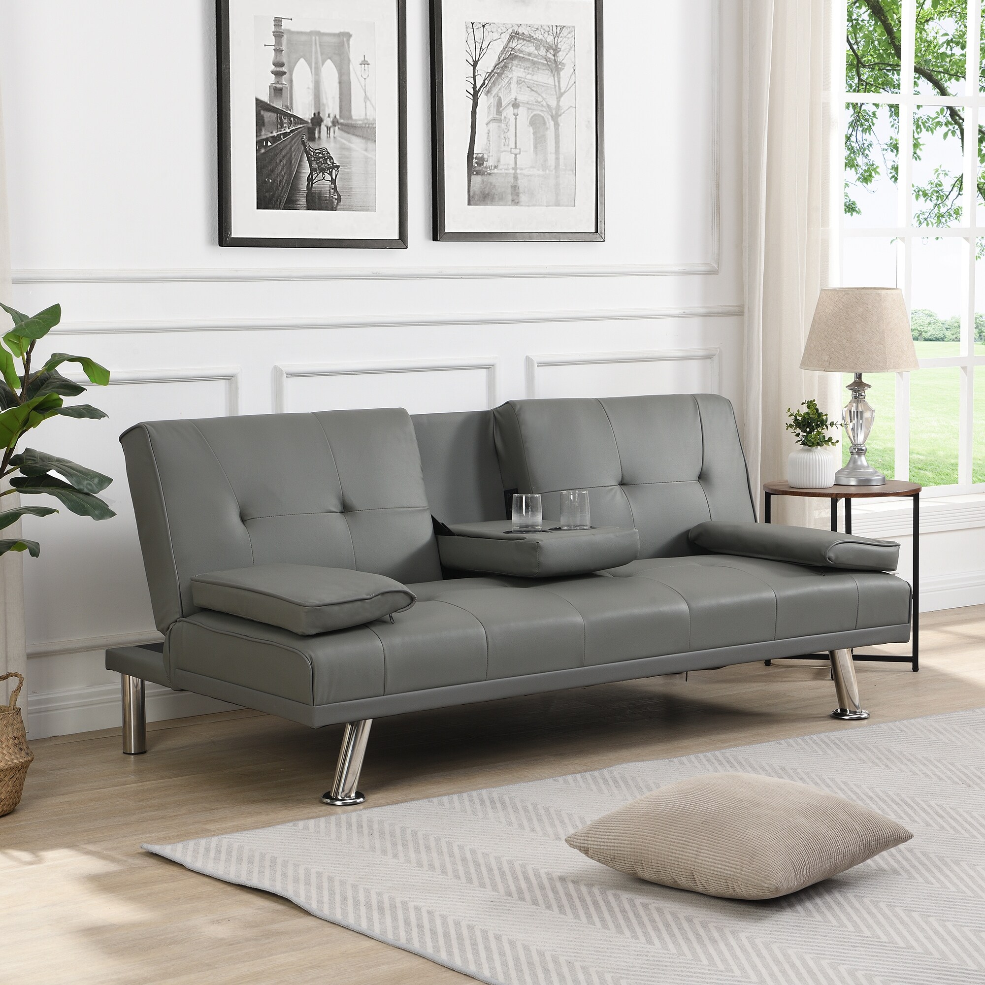 Sofa Bed with Armrest 2 Holders Wood Frame Stainless Leg PVC Futon