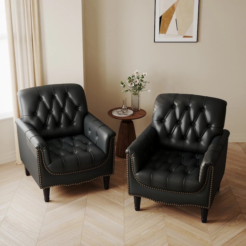 Traditional Faux Leather Tufted Accent Arm Chair with Nailhead Trim