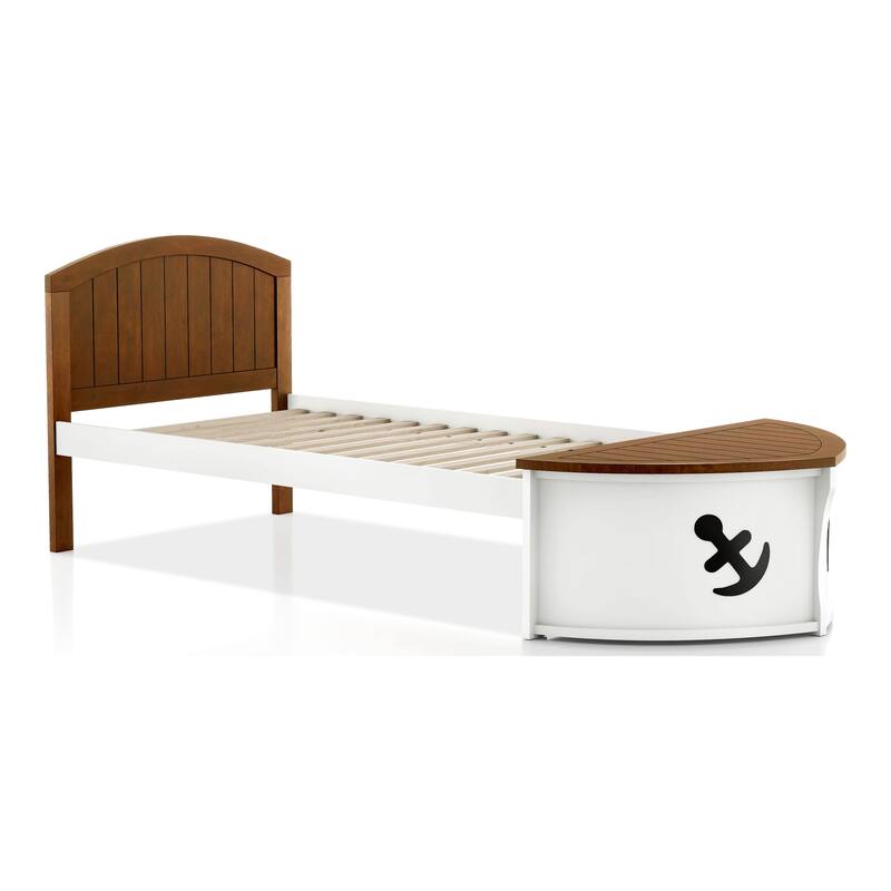 Evon Captain Twin Bed, Built-In Storage, Boat Design, White and Oak Brown