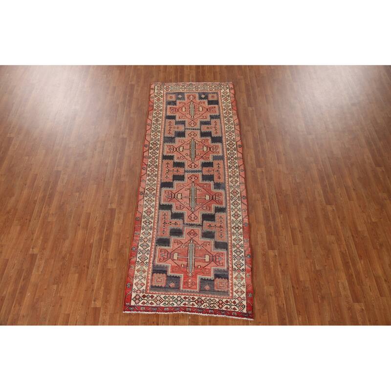Geometric Pink Ardebil Persian Vintage Runner Rug Handmade Wool Carpet - 3'9"x 10'0"