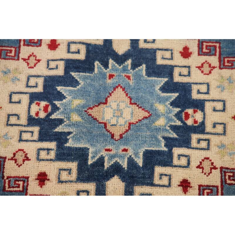 Hand Knotted Oriental 100% Wool Carpet Traditional Geometric Navy Blue & Blues Kazak Area Rug - 9' 10'' X 6' 8''