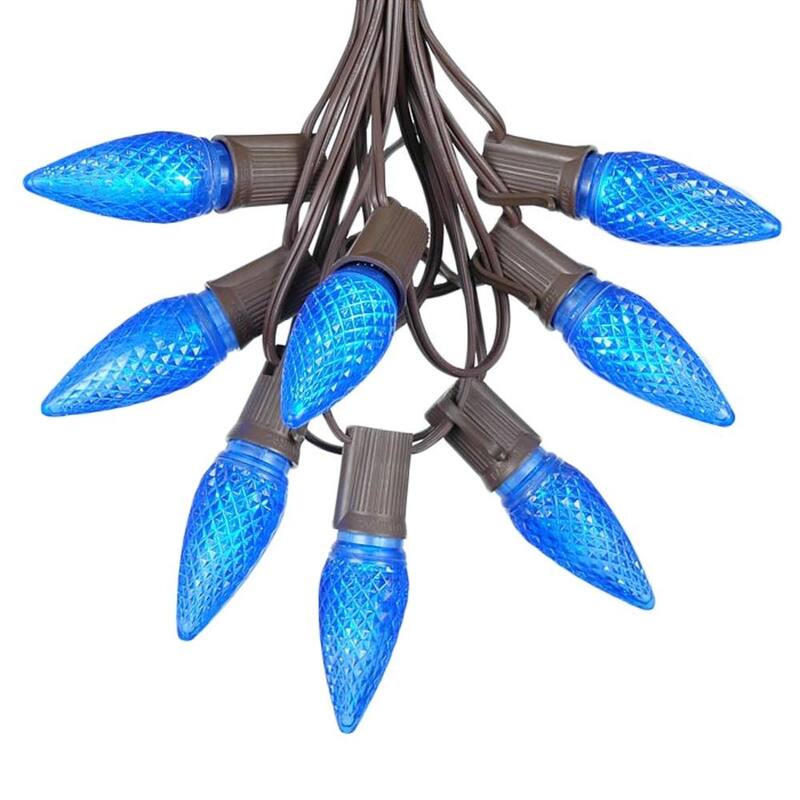 25 Foot C9 LED Christmas Light Set, Hanging String Lights, Brown Wire - Blue