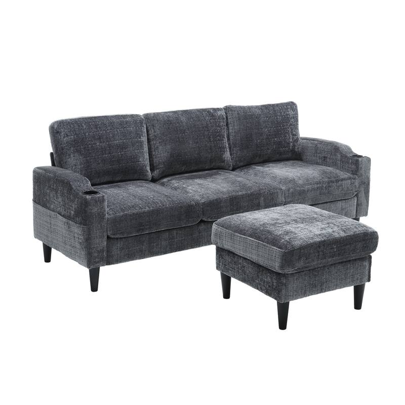 Modular Sectional Sofa with Storage Ottoman, Comfy Chenille Fabric Sofa, 3-Seater Sofa with Side Pockets & 2 Cup Holders