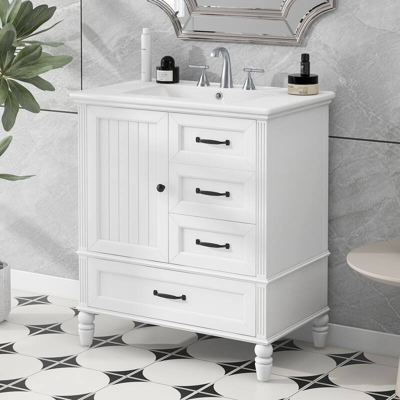 30" Bathroom Vanity with Sink, Bathroom Cabinet with A Door, Three Drawers, Solid Wood Legs & MDF Board, Adiustable Foot Pads - White