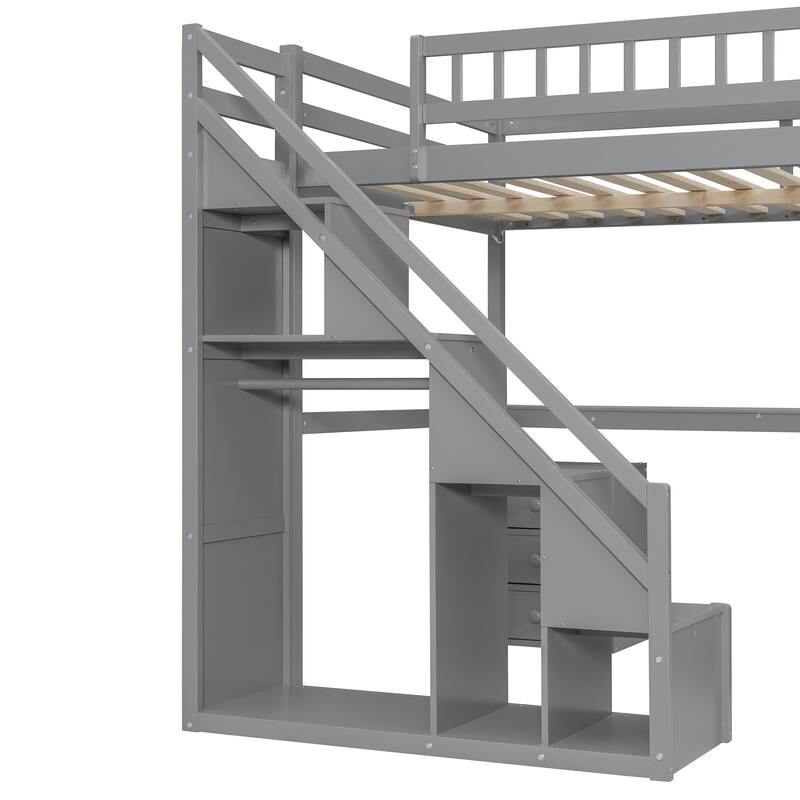 Stairway Wooden Bedframe Twin Size Loft Bed with Built-in Desk, Clothes Rail, Open Shelves, Drawers Cabinets and Guardrails