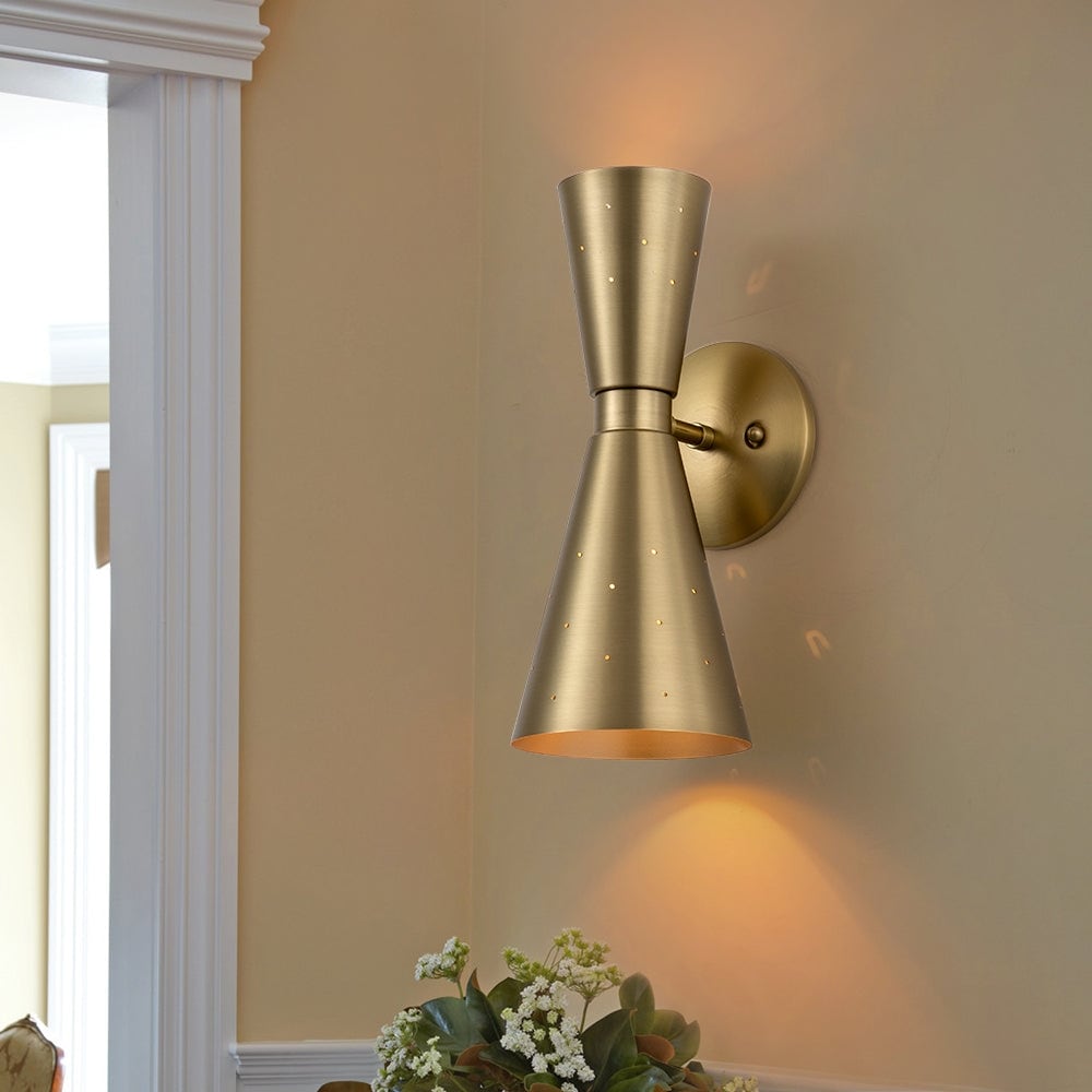 2-Light Mid-century Double Cone Hourglass Wall Light - Brass Nickel