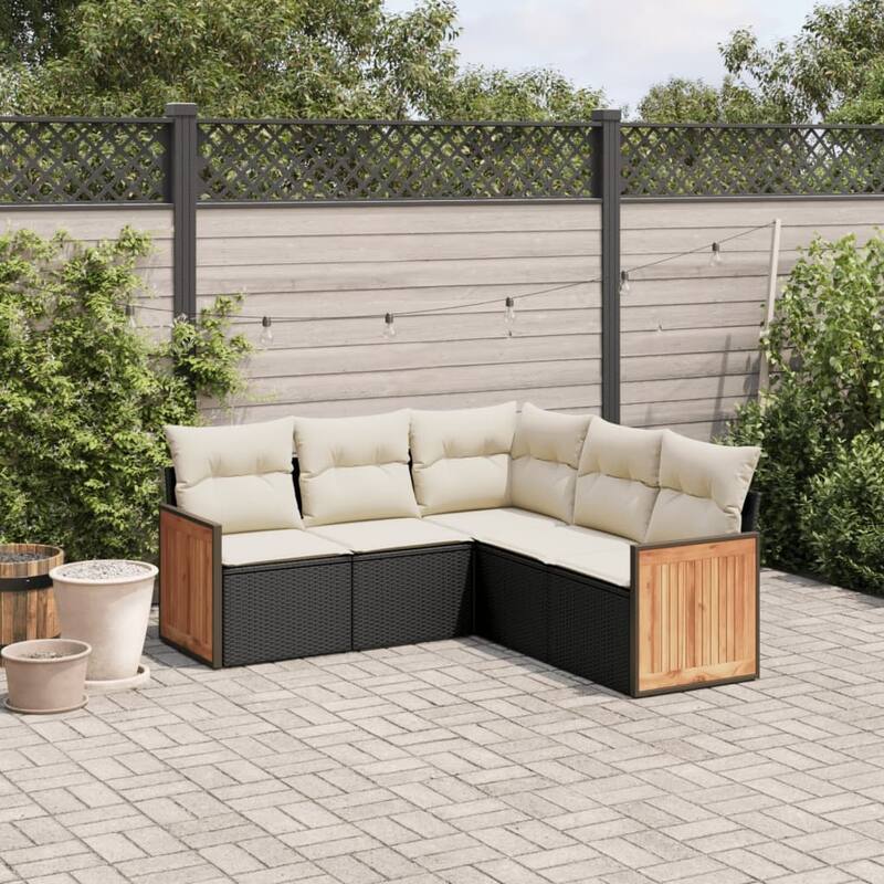 vidaXL Patio Sofa Set with Cushions Outdoor Conversation Furniture Poly Rattan - Black and cream without table - 24.4 x 24.4 x 27.2 in