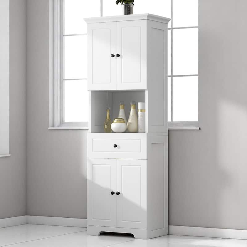 Tall Bathroom Storage Cabinet with 4 Doors, Adjustable Shelves & Open Shelf, Freestanding Organizer - White