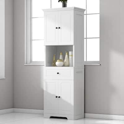 Tall Bathroom Storage Cabinet with 4 Doors, Adjustable Shelves & Open Shelf, Freestanding Organizer